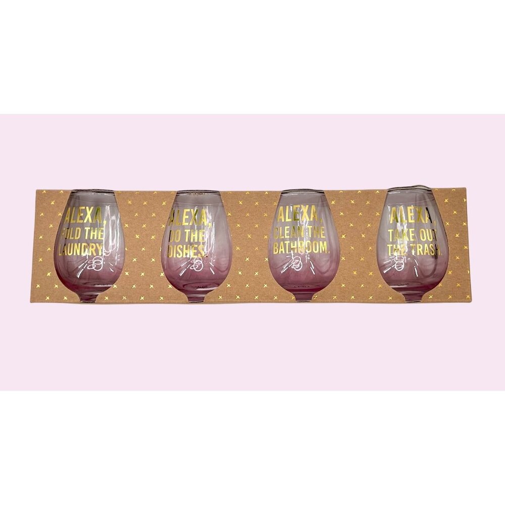 NIB SET OF 4 STEMLESS FUNNY ALEXA CHORES PINK PURPLE OMBRE 16 OZ WINE GLASSES